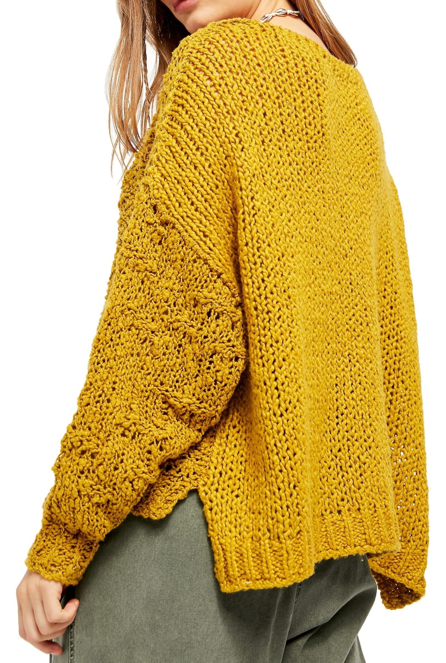 Suéter feminino Free People Textu manga comprida gola V amarelo tamanho M