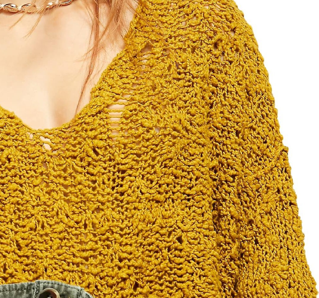 Suéter feminino Free People Textu manga comprida gola V amarelo tamanho M