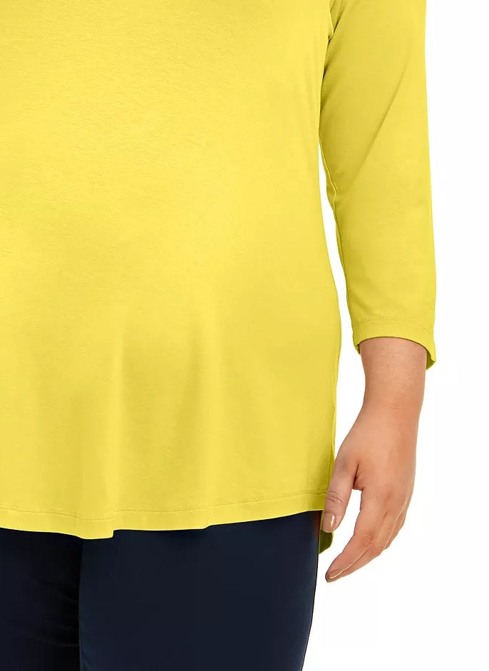 Top feminino com decote redondo JM Collection, amarelo, tamanho extragrande