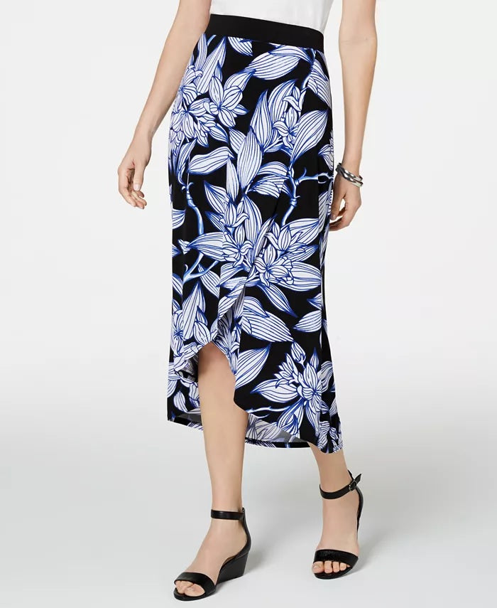 Saia longa feminina estampada com efeito envelope falso, preta, tamanho grande, da coleção JM