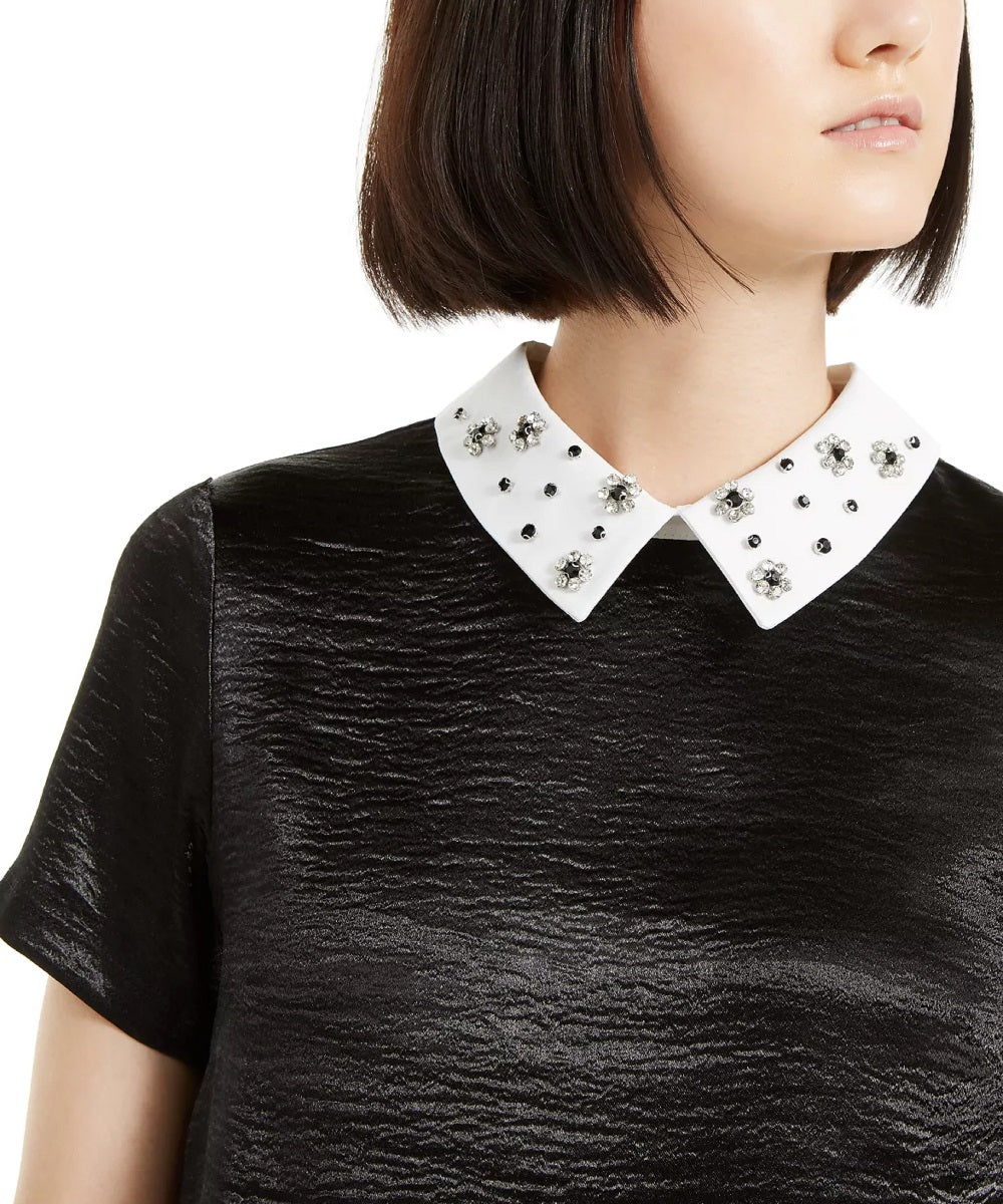 Top feminino Monteau com gola de strass, preto, tamanho M