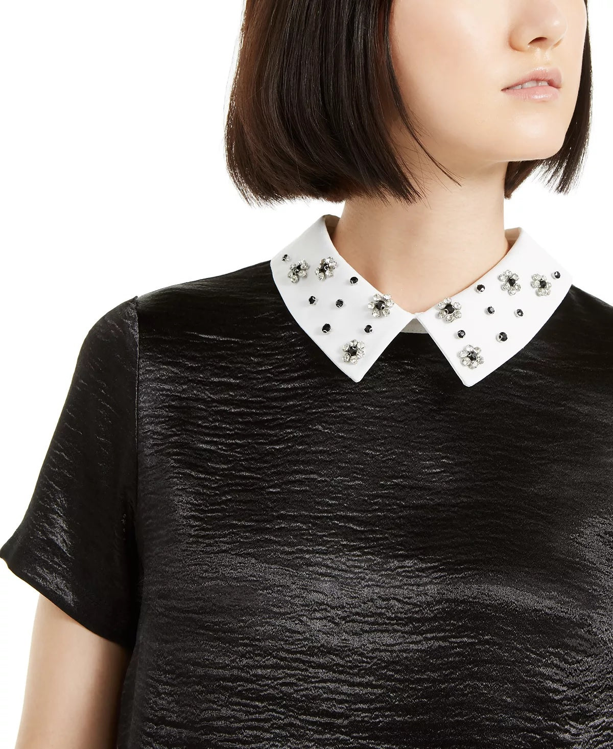 Top feminino Monteau Petite com gola de strass, preto, tamanho pequeno grande