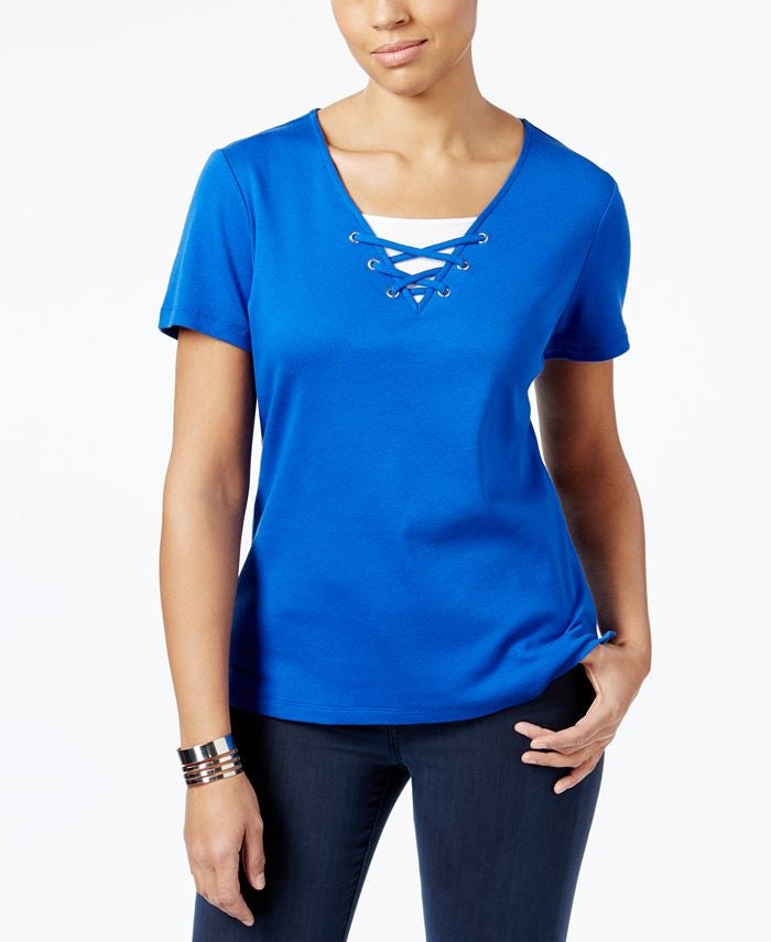 Karen Scott Blusa Feminina com Laço e Camadas Azul Tamanho P