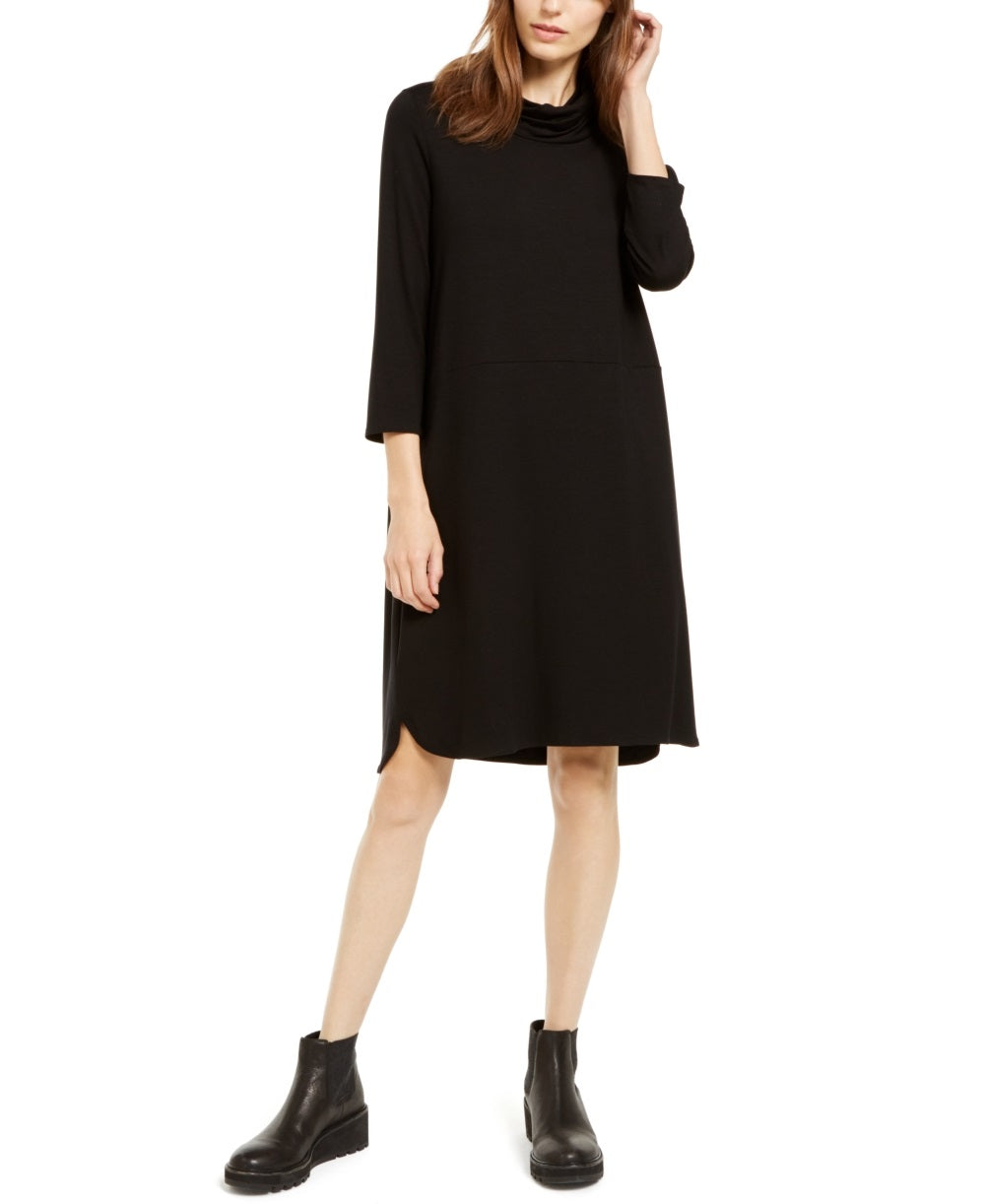 Vestido feminino Eileen Fisher com decote em V e manga curta, preto, tamanho pequeno, médio