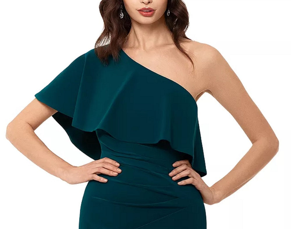 Vestido feminino Xscape com babados e um ombro, verde, tamanho 6