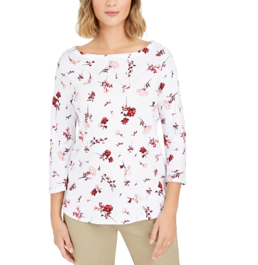 Charter Club Top feminino estampado pequeno de algodão pima, branco, tamanho pequeno