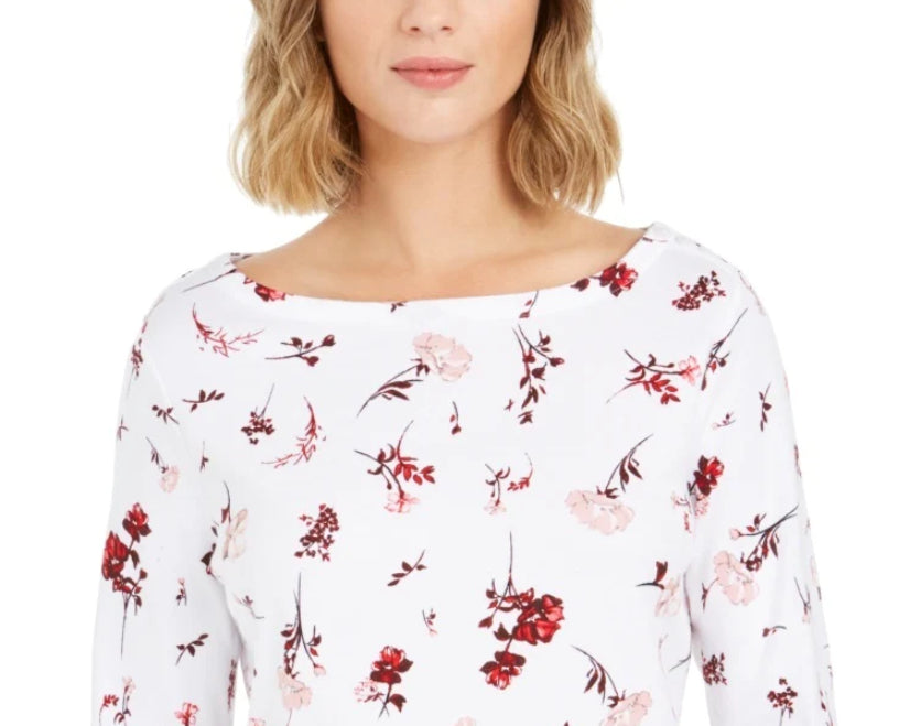Charter Club Top feminino estampado pequeno de algodão pima, branco, tamanho pequeno