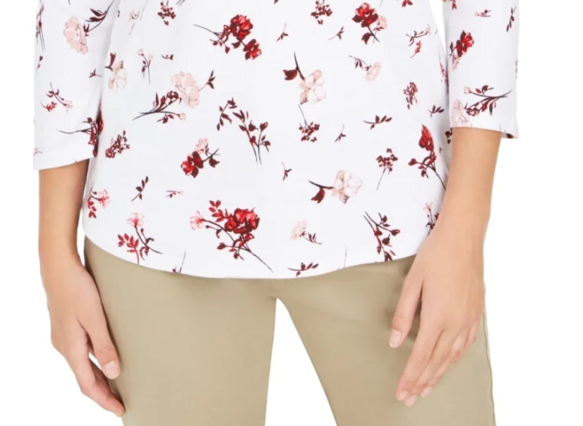Charter Club Top feminino estampado pequeno de algodão pima, branco, tamanho pequeno