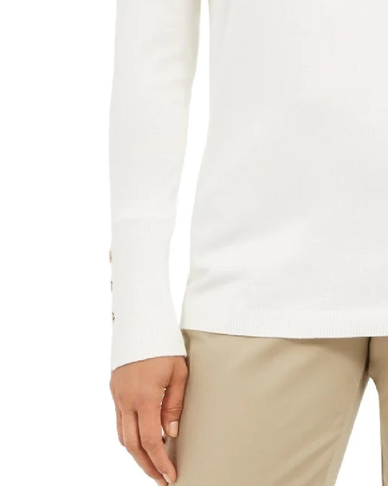 Suéter feminino JM Collection com mangas enfeitadas e decote em V, branco, tamanho XXL