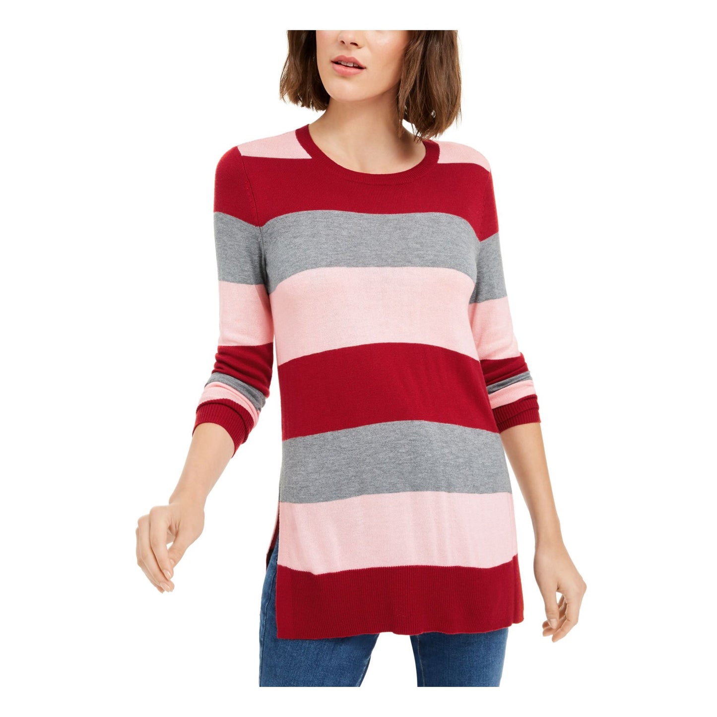 Suéter feminino Maison Jules com estampa de blocos de cores e gola alta, tamanho vermelho, tamanho P