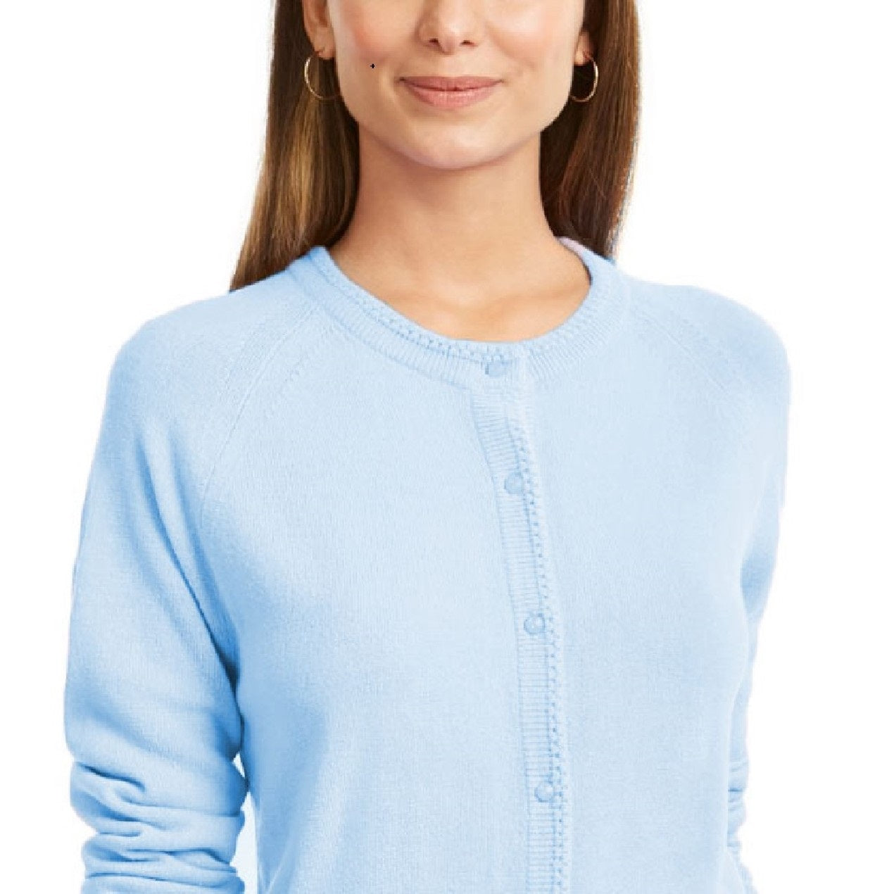 Cardigan feminino Karen Scott com botões e contas, azul, tamanho médio