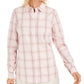 Charter Club Feminino Botão Windowpane Xadrez Punho Gola Top Rosa Tamanho Médio