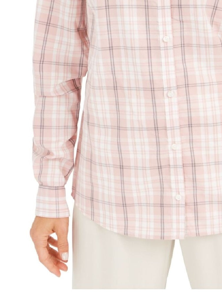 Charter Club Feminino Botão Windowpane Xadrez Punho Gola Top Rosa Tamanho Médio