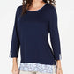 Karen Scott Top feminino pequeno com acabamento estampado, azul, tamanho pequeno extragrande