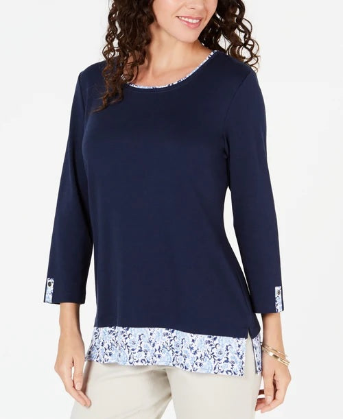 Karen Scott Top feminino pequeno com acabamento estampado, azul, tamanho pequeno extragrande