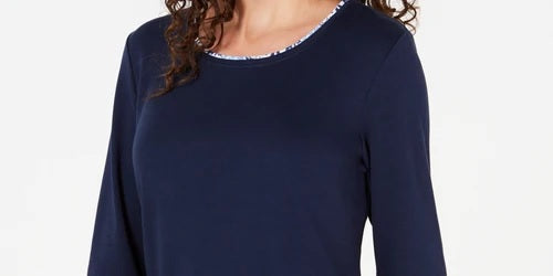Karen Scott Top feminino pequeno com acabamento estampado, azul, tamanho pequeno extragrande