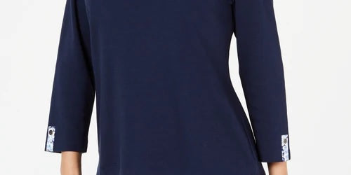 Karen Scott Top feminino pequeno com acabamento estampado, azul, tamanho pequeno extragrande