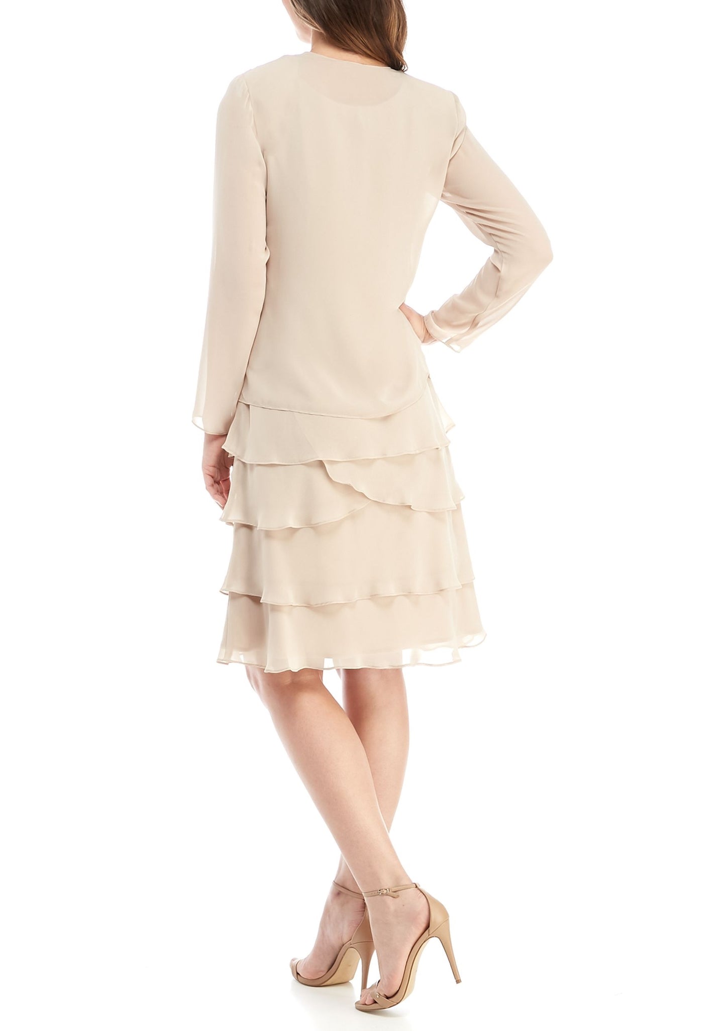 SL Fashions Jaqueta feminina com abertura frontal e vestido em camadas, bege, tamanho 12