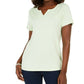 Blusa feminina Karen Scott com acabamento em crochê, manga 3/4, gola dividida, verde, tamanho pequeno