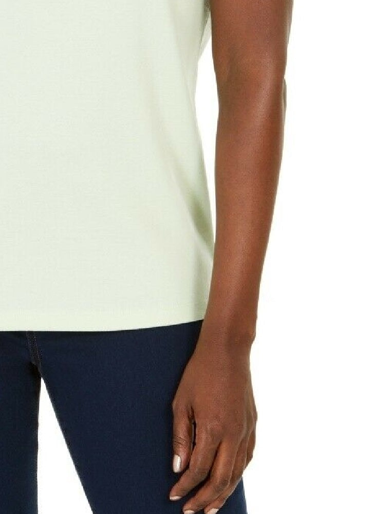 Blusa feminina Karen Scott com acabamento em crochê, manga 3/4, gola dividida, verde, tamanho pequeno
