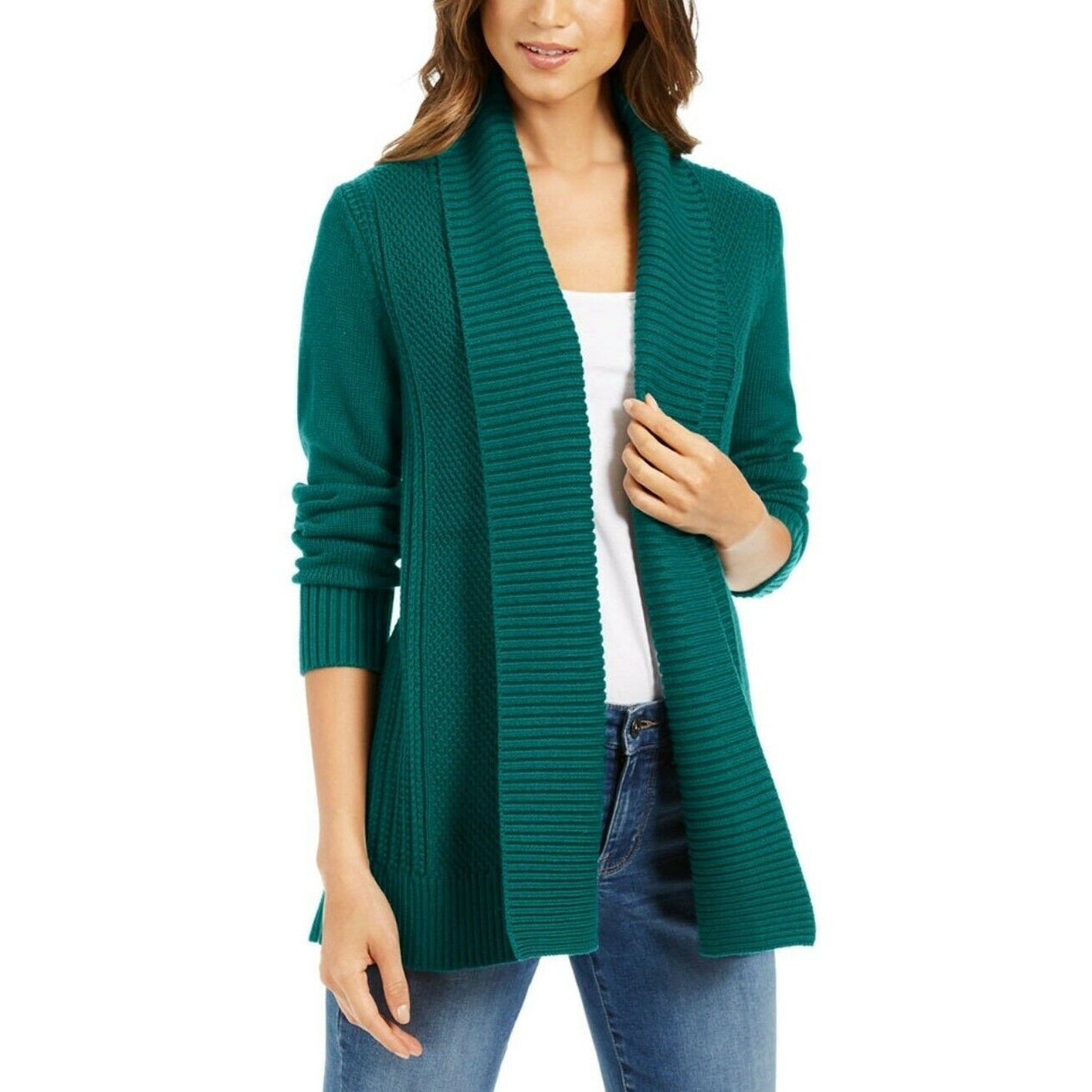 Cardigan feminino de algodão com abertura frontal, verde, tamanho pequeno