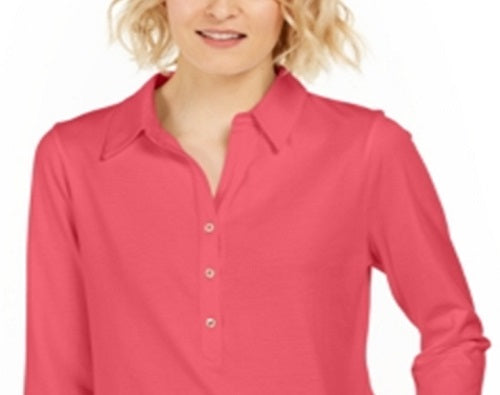 Camisa polo feminina Charter Club Supima Cotton manga 3/4 vermelha tamanho grande