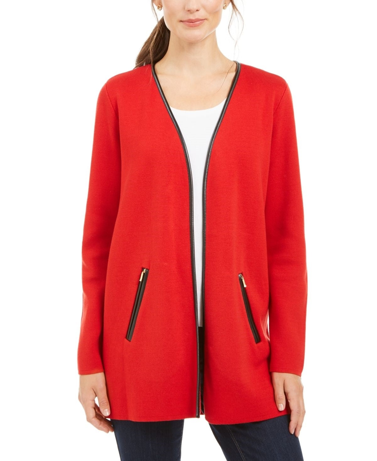 Cardigan feminino Charter Club Milano Cotton com abertura frontal, vermelho, tamanho médio