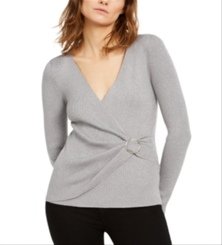Suéter feminino Petite Metallic-Knit Faux-Wrap da INC International Concepts, cinza, tamanho Petite G