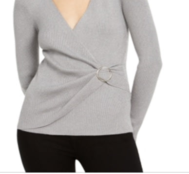 Suéter feminino Petite Metallic-Knit Faux-Wrap da INC International Concepts, cinza, tamanho Petite G