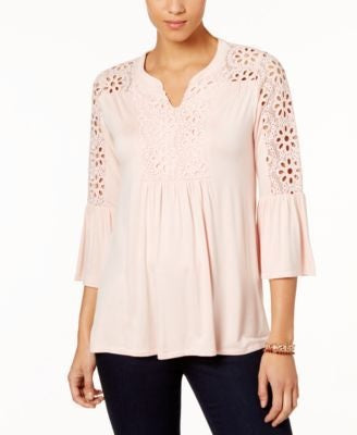 Top feminino estilo &amp; co com manga sino e acabamento em crochê, tamanho pequeno, rosa
