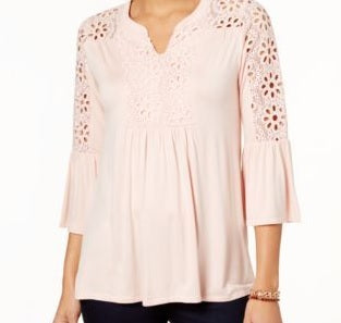 Top feminino estilo &amp; co com manga sino e acabamento em crochê, tamanho pequeno, rosa
