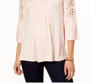 Top feminino estilo &amp; co com manga sino e acabamento em crochê, tamanho pequeno, rosa