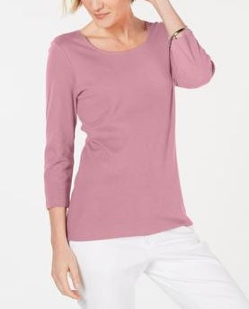 Karen Scott Top Feminino Petite Renda Gola Quadrada Manga 3/4 Rosa Tamanho Pequeno X-Grande