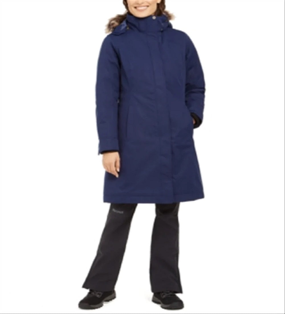 Casaco feminino com capuz e acabamento em pele sintética Marmot, azul, tamanho médio