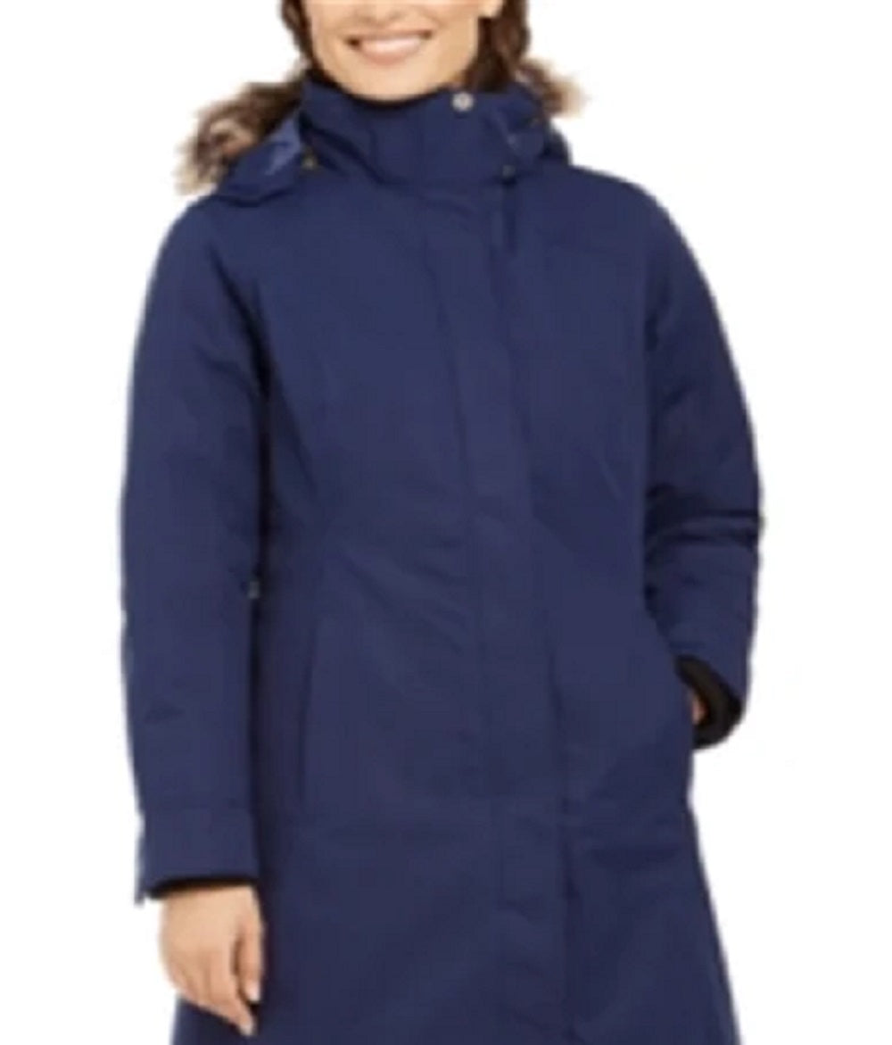 Casaco feminino com capuz e acabamento em pele sintética Marmot, azul, tamanho médio