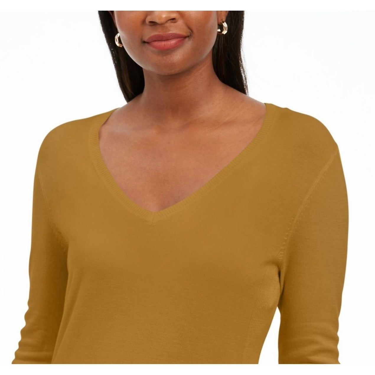 Suéter feminino com decote em V e mangas enfeitadas, tamanho extragrande, dourado, da coleção JM