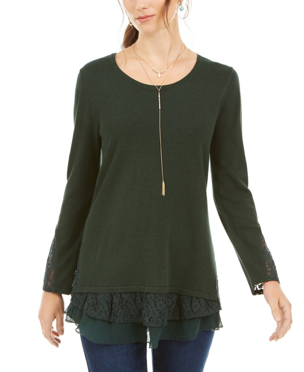 Top feminino estilo &amp; co com alças finas e renda verde tamanho pettite extragrande