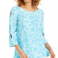 Blusa feminina estampada Amalfi com mangas divididas, tamanho P, branca/azul-marinho