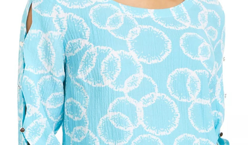 Blusa feminina estampada Amalfi com mangas divididas, tamanho P, branca/azul-marinho