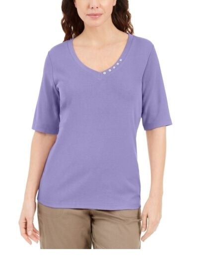 Blusa feminina Karen Scott com decote em V e detalhes em botões, roxa, tamanho pequeno