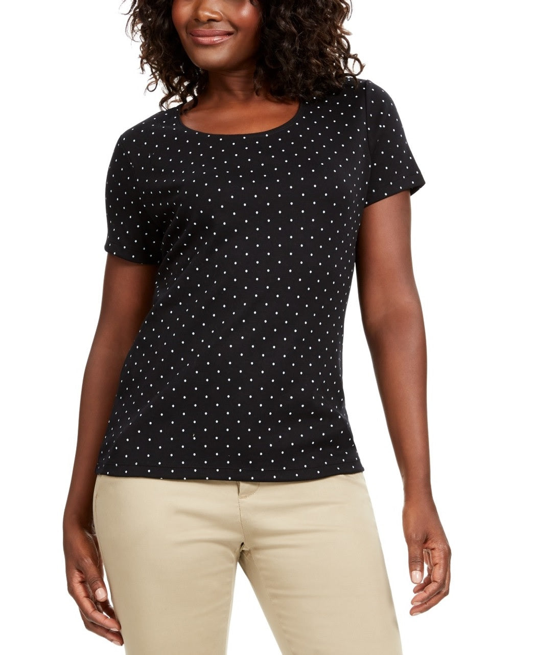 Camiseta feminina Karen Scott com estampa de bolinhas, preta, tamanho pequeno