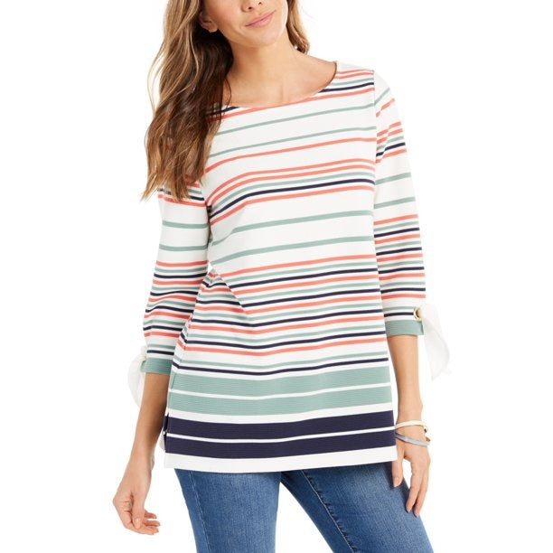 Blusa feminina listrada com mangas amarradas Charter Club, branca/listrada, tamanho X-S