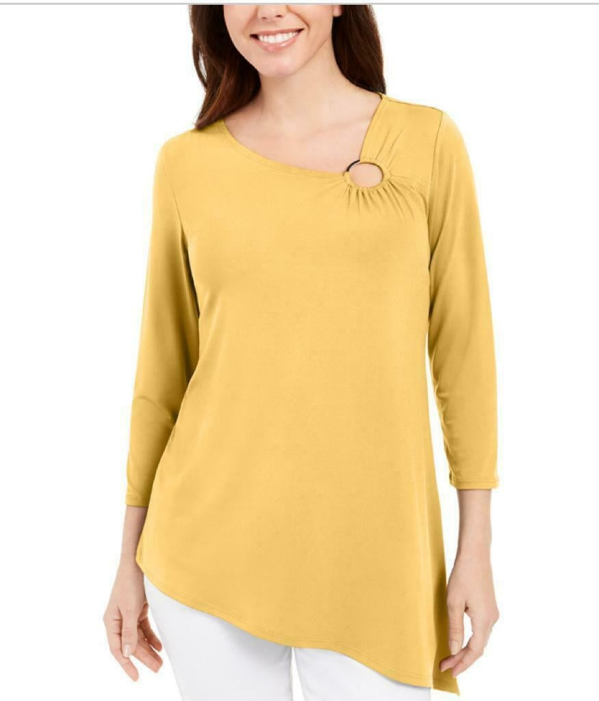 Túnica feminina assimétrica com anel JM Collection, amarela, tamanho X-S