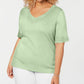 Camiseta feminina Karen Scott de algodão com decote em V e acabamento aberto, verde, tamanho médio