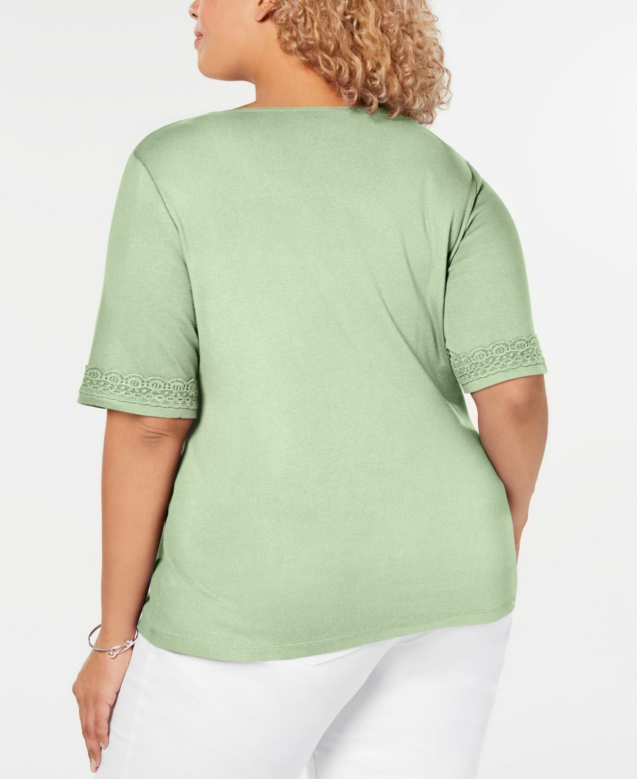 Camiseta feminina Karen Scott de algodão com decote em V e acabamento aberto, verde, tamanho médio