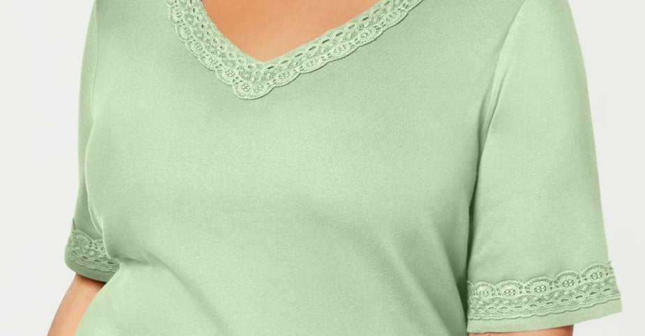 Camiseta feminina Karen Scott de algodão com decote em V e acabamento aberto, verde, tamanho médio