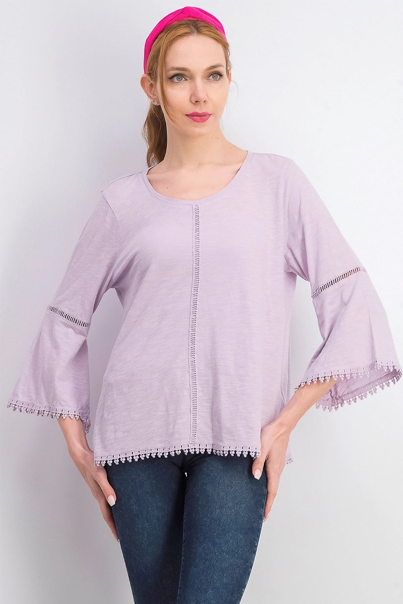 Blusa feminina estilo &amp; co com manga sino e acabamento em crochê, lilás pintado, tamanho pequeno