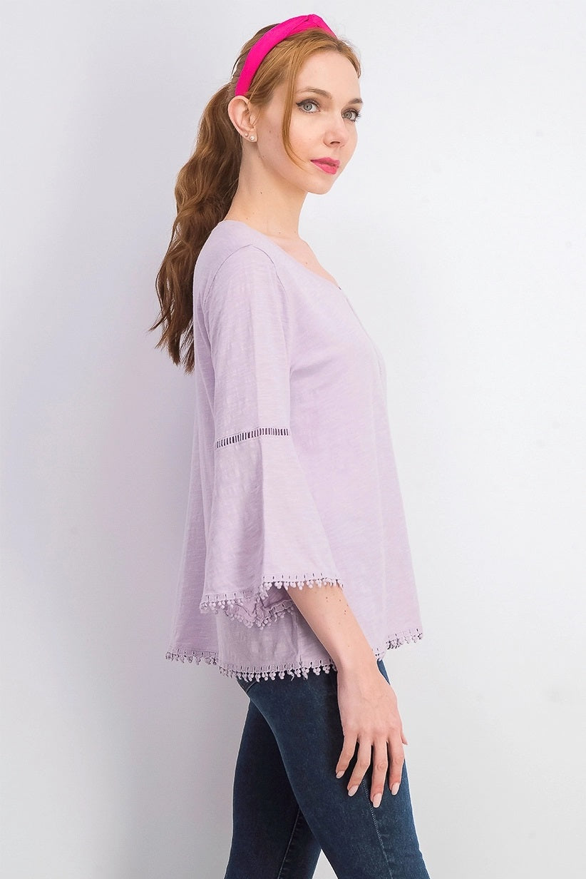 Blusa feminina estilo &amp; co com manga sino e acabamento em crochê, lilás pintado, tamanho pequeno