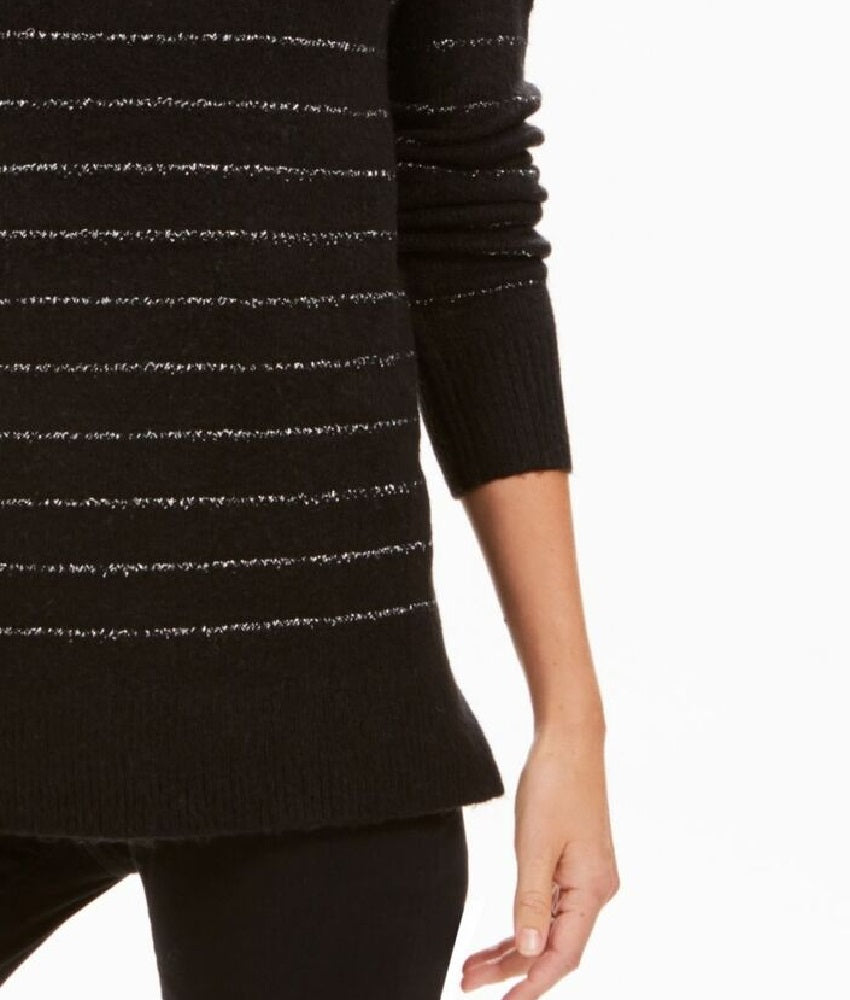 Suéter feminino com decote em V e manga 3/4 embelezado, tamanho preto, tamanho PM