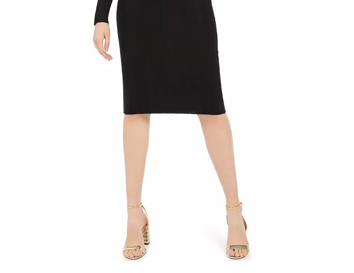 Vestido feminino Planet Gold preto, manga comprida, decote redondo abaixo do joelho, tamanho pequeno